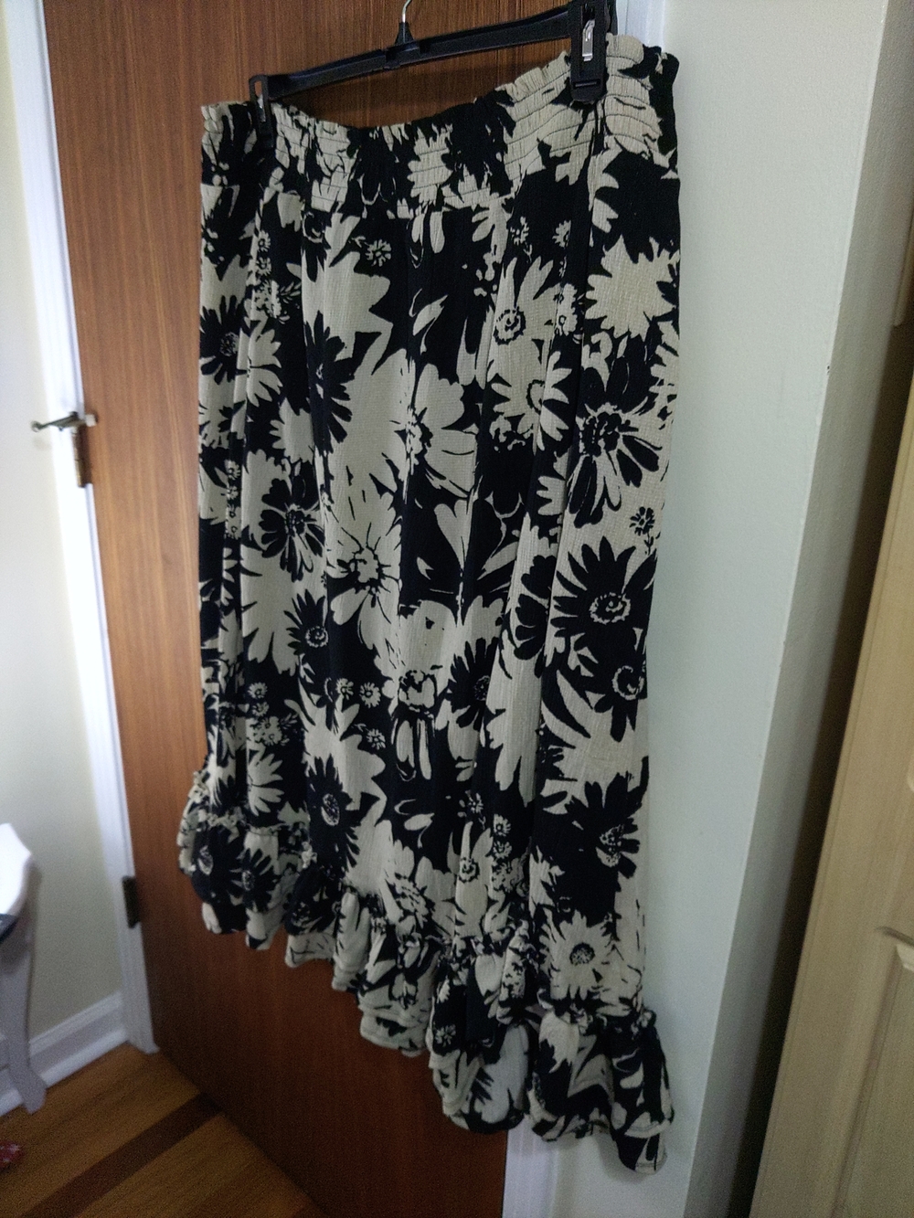Cato Black and Cream Floral Maxi Skirt with Ruffle Hem